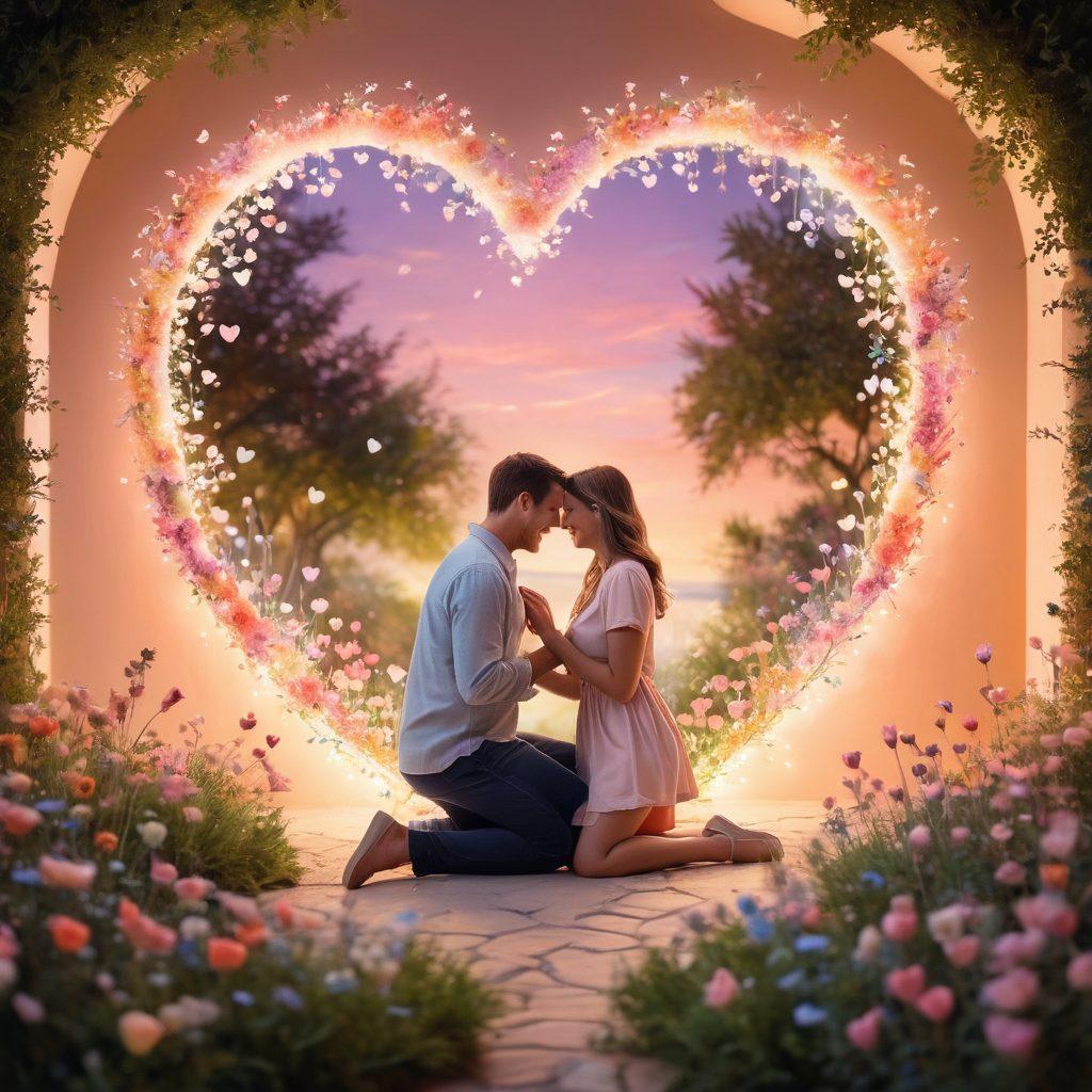 A heartwarming scene of a couple sharing a joyful moment, surrounded by soft pastel colors and whimsical heart shapes. They are engaged in a creative activity, like painting together or planting a garden, symbolizing their emotional bond. The background features subtle floral elements and glowing twinkling lights, enhancing the romantic atmosphere. soft focus. vibrant colors. dreamy.