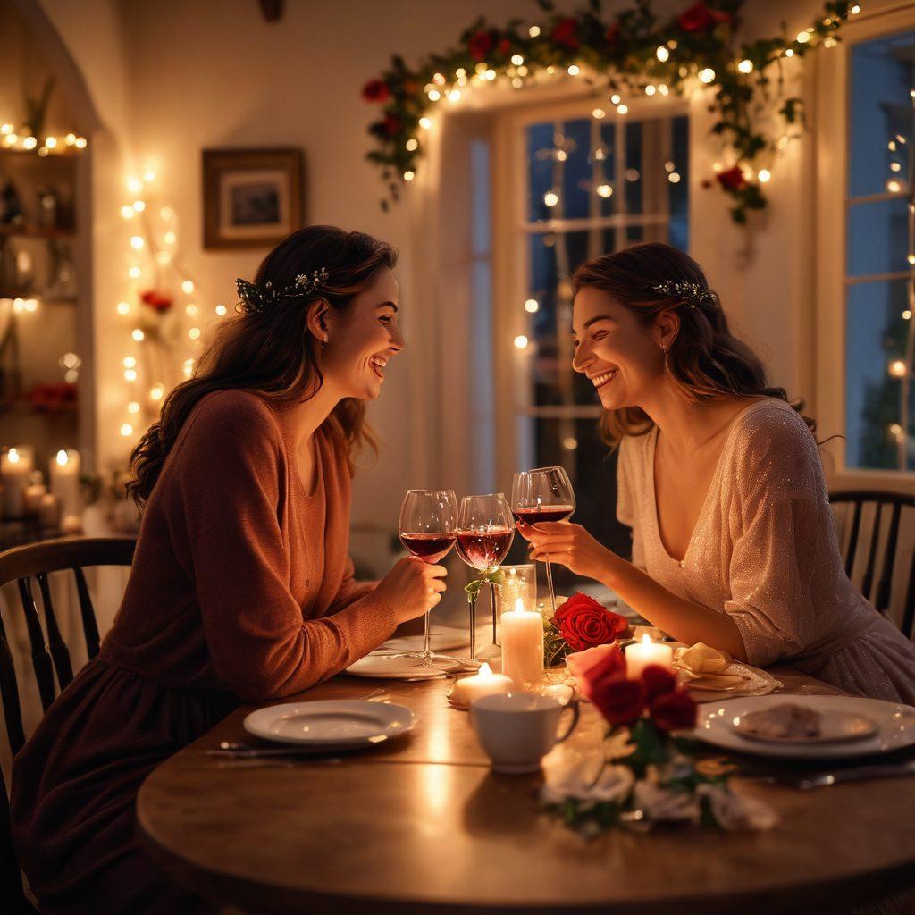 A cozy, intimate setting featuring a candlelit dinner table adorned with roses, wine glasses, and a soft, inviting atmosphere. In the background, a couple shares a warm smile and laughter, while soft fairy lights add a magical touch. The scene captures the warmth of romance and emotional connection. super-realistic. vibrant colors. soft focus.