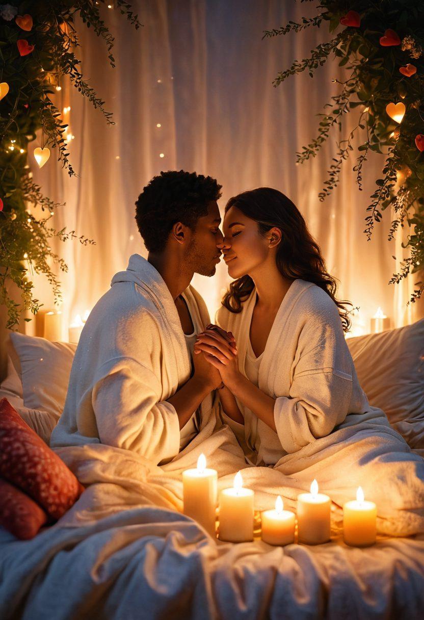 A warm, inviting scene depicting a couple sharing an intimate moment, surrounded by soft candlelight and lush greenery. The focus is on their tender gestures - holding hands, sharing a gentle kiss, and exchanging loving gazes. In the background, hearts made of flowers bloom, symbolizing deep affection. The atmosphere is cozy, with soft blankets and pillows adding to the comfort. soft focus, vibrant colors, romantic vibes.